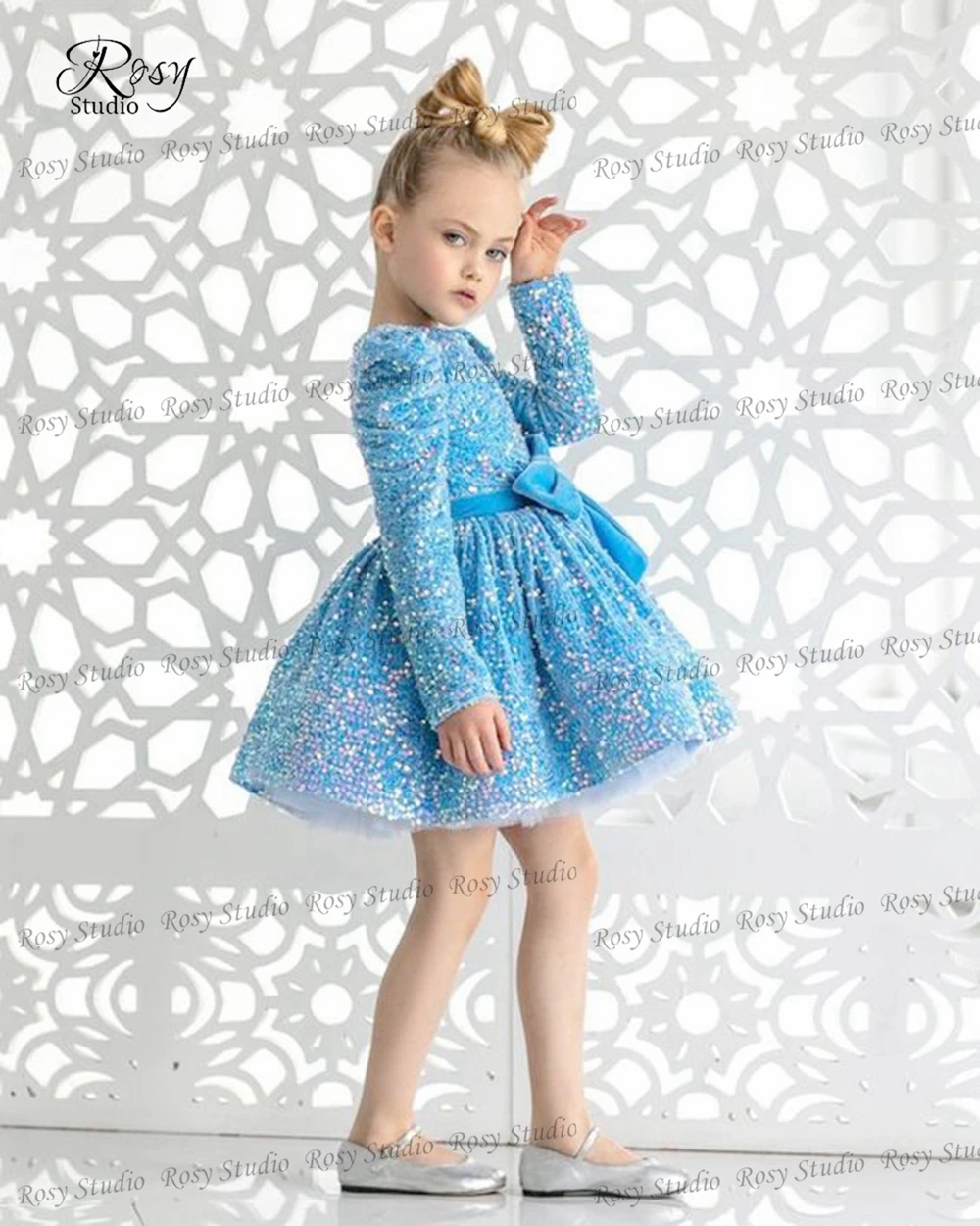 Simple Jewel Long Sleeves Flower Girl Dress Mini Blue Kid's Party Dresses A-line Sequin First Holy Communion Gown for Christmas