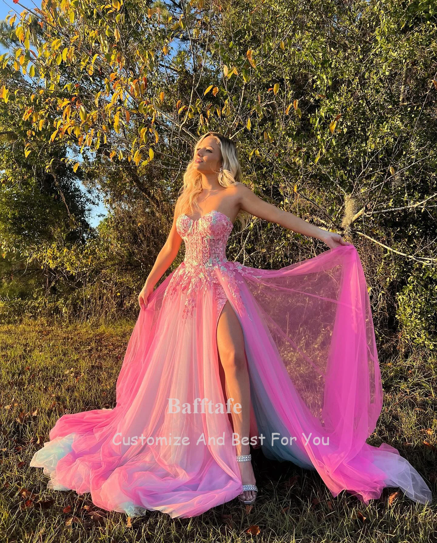 Bafftafe Customized Fairy Pink Sky Blue Prom Party Dresses Applique Women Evening Dress Slit Formal Wedding Engagement Gowns