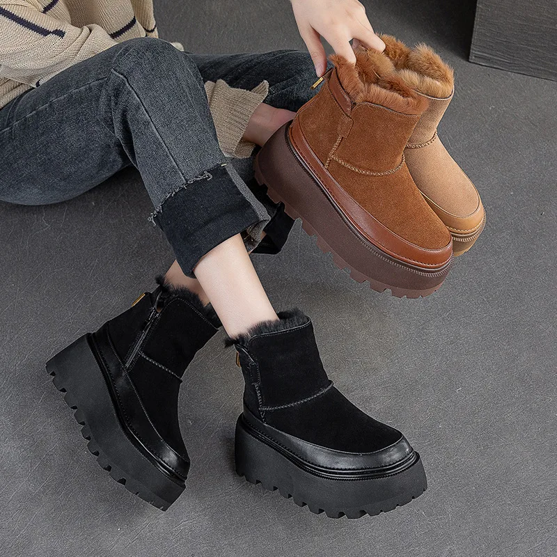 

6cm Winter Platform Wedge Boots High Heels Plush Moccasins Autumn Winter Women Shoes Booties Genuine Leather Ankle Snow