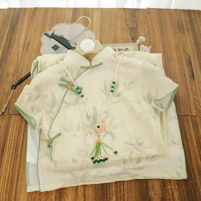 Big Size 3Xl Chesongam New Chinese Style Princess Girl Qipao Green Print Chinese Dress Short Sleeve Vestidos Robe Gown Hanfu