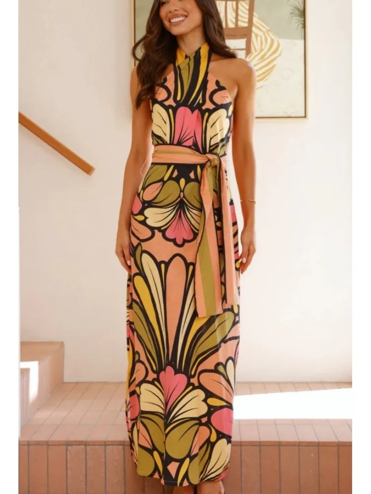 

Новое летнее кружевное платье с принтом на шею и вешалкой для женщин, летняя мода, элегантное повседневное пляжное праздничное платье, халат Femme Vestidos