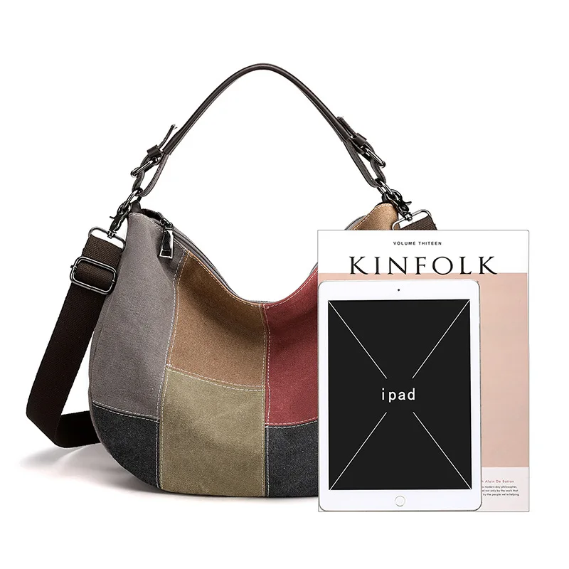 Picture 5: Retro checkered patchwork handbag, single-shoulder bag, women's large-capacity canvas color-blocking tote bag