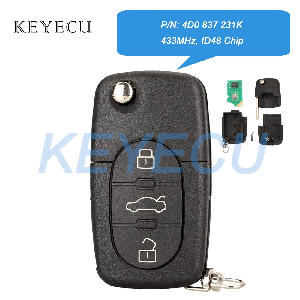 Keyecu Remote Car Key Fob 433MHz for Audi A6 1998 1999 2000 2001 2002 2003 2004 TT 2002-2006,4D0 837 231 K, 4D0837231K