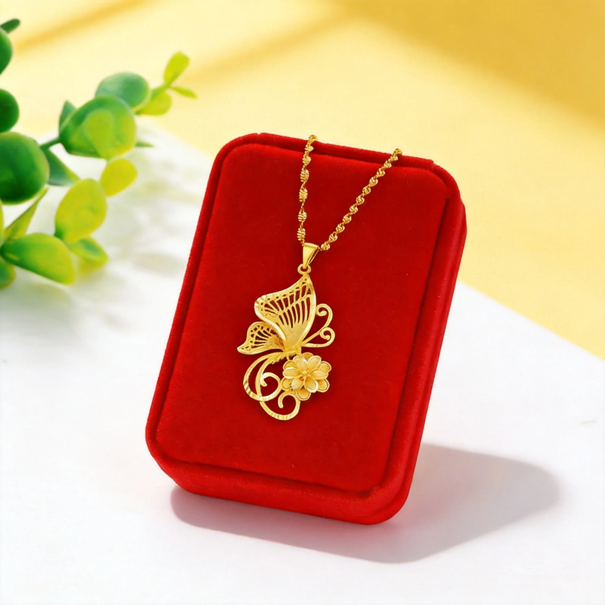 Women's gold plated butterfly flower pendant clavicle necklace for daily wear party gift long lasting no fading fashion jewelry