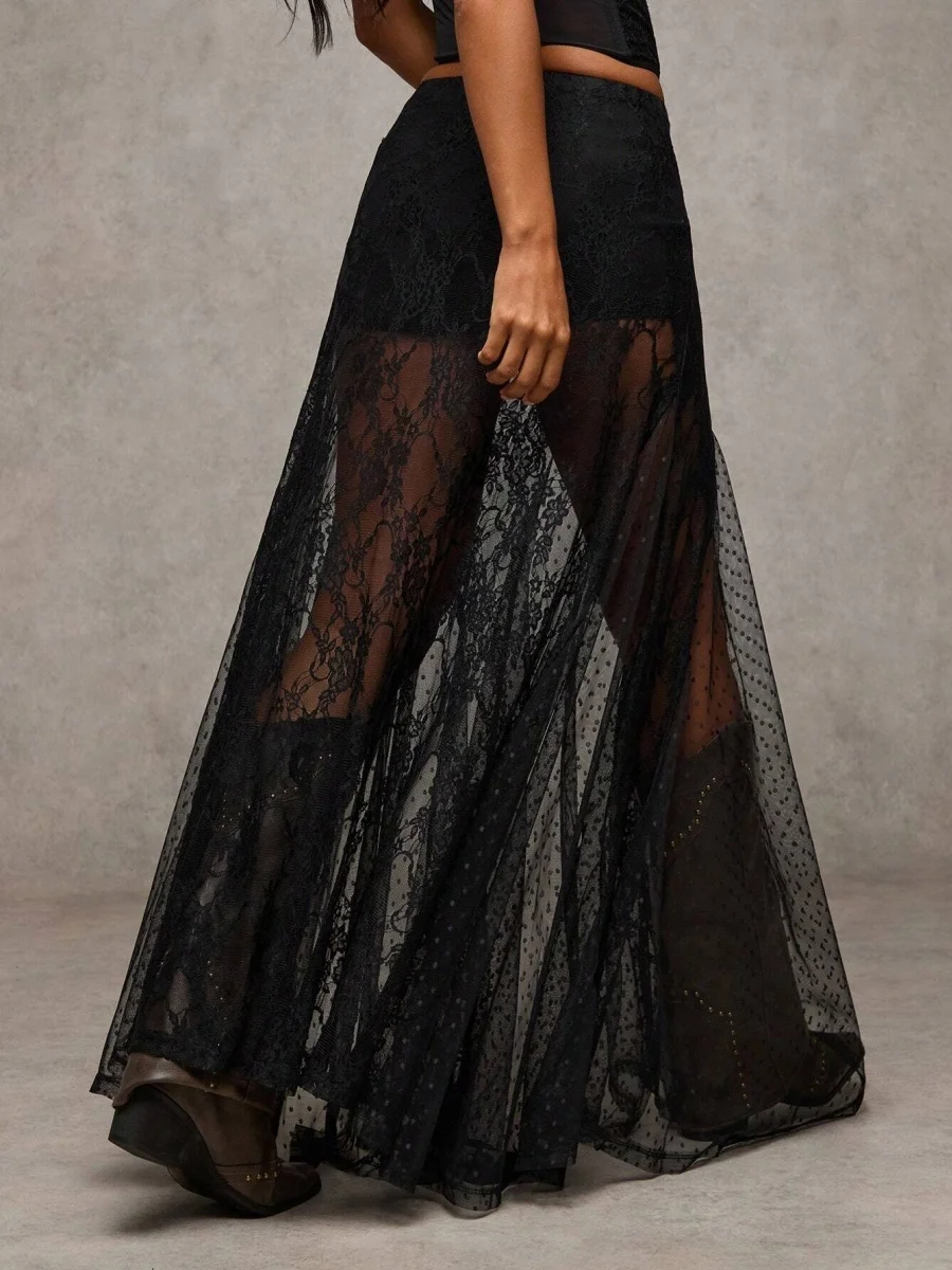 Falda larga transparente de encaje Floral para mujer, falda Sexy Y2k Coqueta elástica de cintura baja, falda larga y fluida, pantalones para fiesta y Club