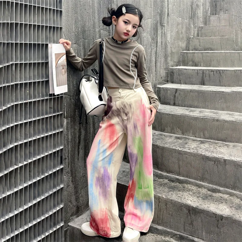 2023 الخريف الشتاء الهيب هوب الجاز المراهقات الفتيات الأطفال راقصة واسعة الساق الكتابة على الجدران السراويل 4 10 11 12 14 سنة بنطلون أطفال الشارع