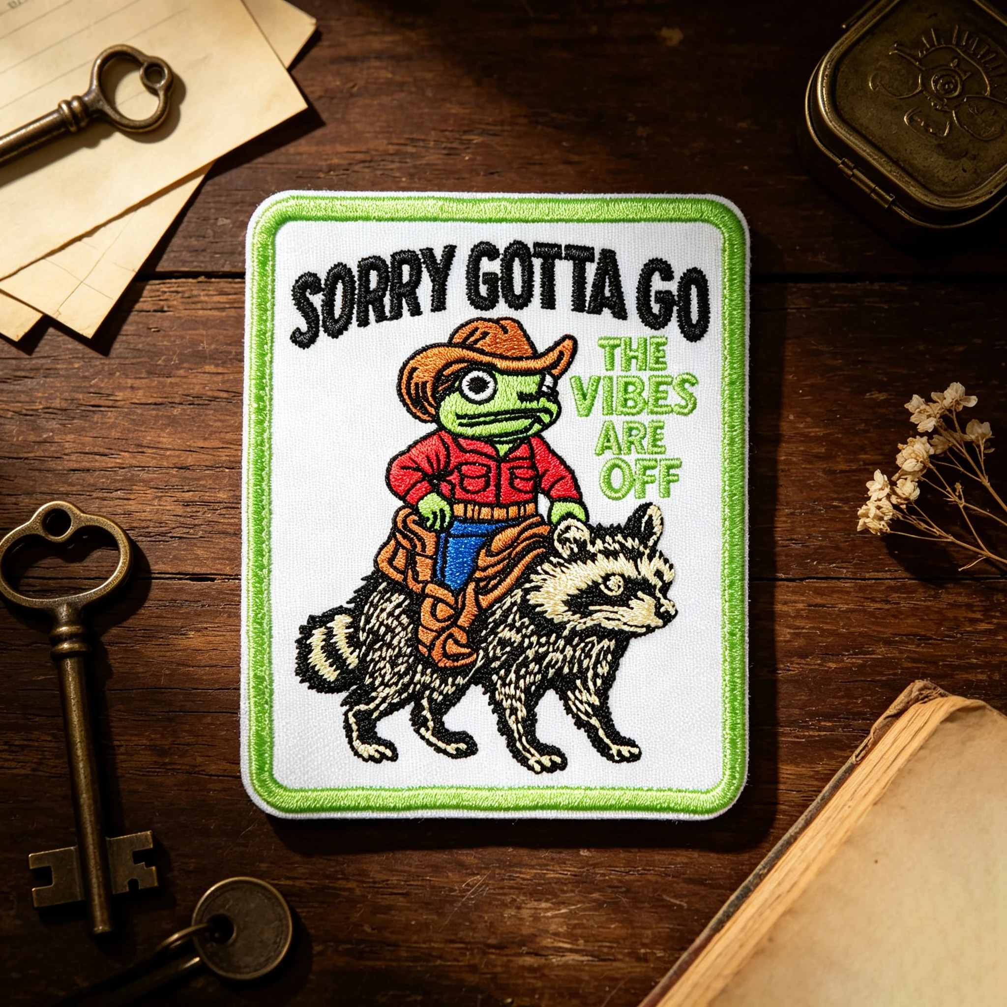 1PC Patch brodé thermocollant adhésif motif grenouille 'Sorry Gotta Go', badge inspirant, cadeau DIY pour vêtements, casquettes, sacs, vestes, casquettes de camionneur