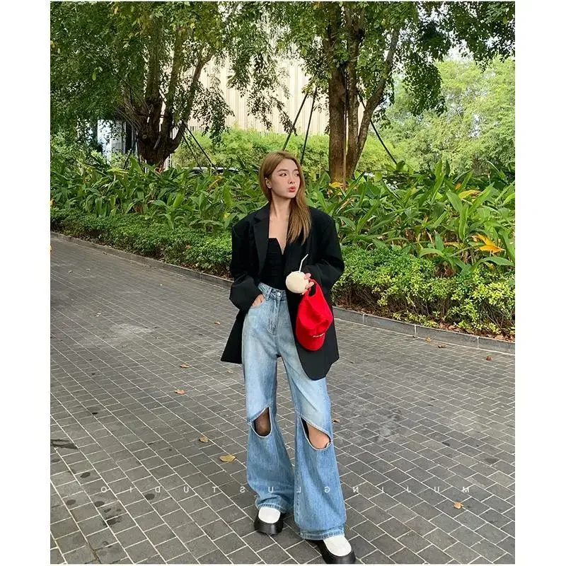 Insozkdg Spring Autumn New Oversize Loose Silhouette Black Slimming Jacket Korean Casual Suit High Quality Blazer Women Clothing