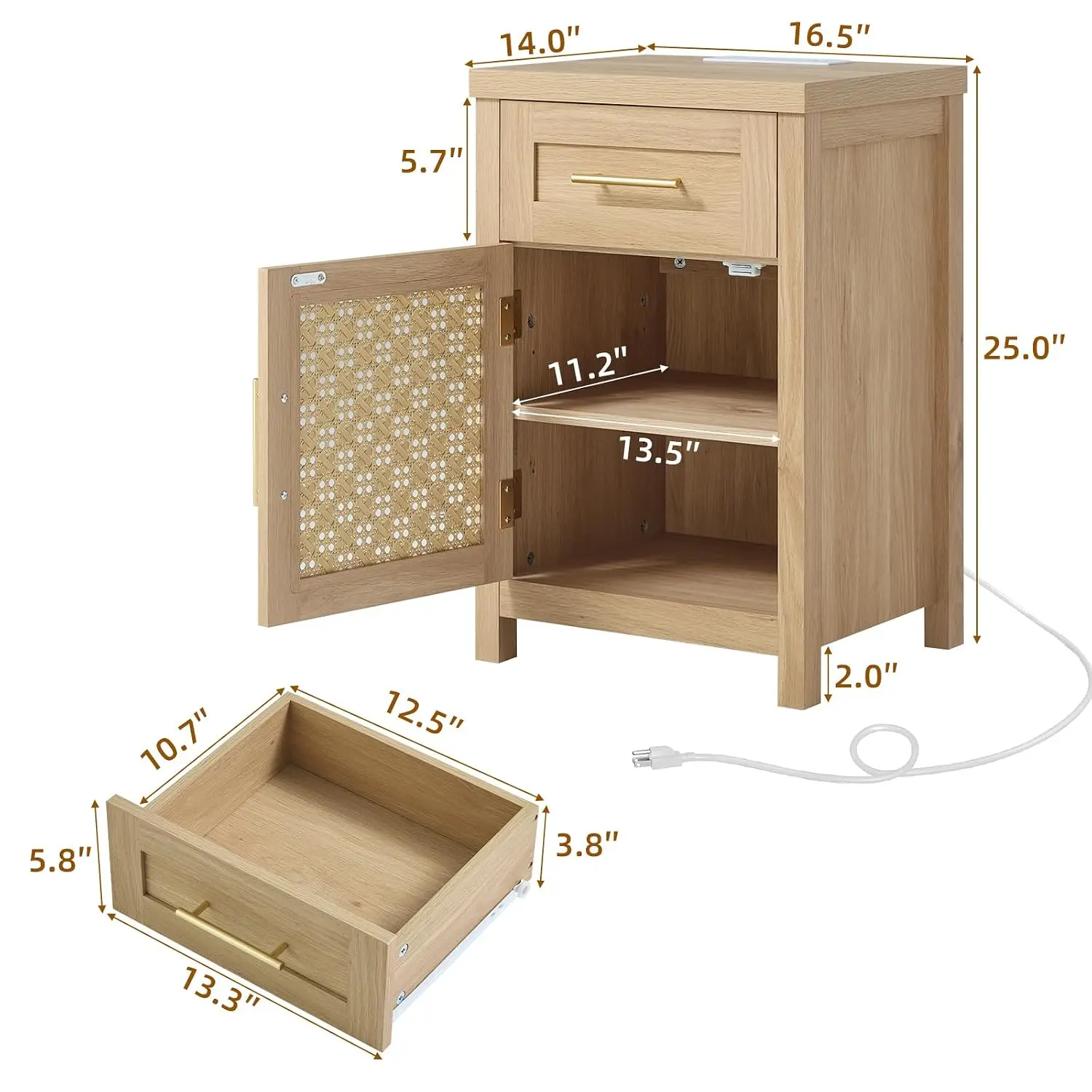 Small Nightstand Set of 2 with Type-C Charging Station & Drawer, Rattan Bedside Table with Adjustable Shelf, Customized