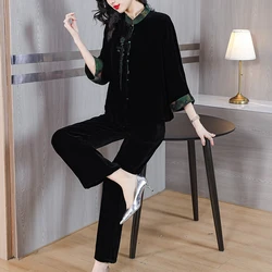 2023 Autumn/Winter Silk Velvet Long Sleeve Top Two Piece Set for Women's O-Neck Loose Size Retro Slim Knee Length Pants Set