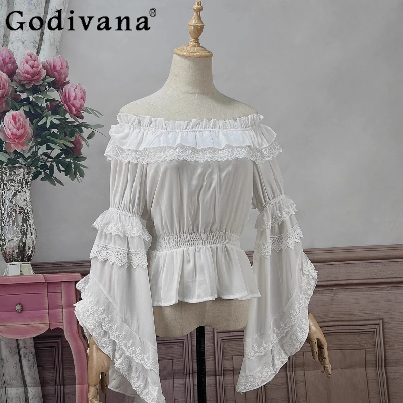 

Elegant Lolita Chiffon Flare Sleeve Elastic Collar Slash Neck Blouse Top Girls 2025 Summer New Sweet Versatile Age Reduction Top