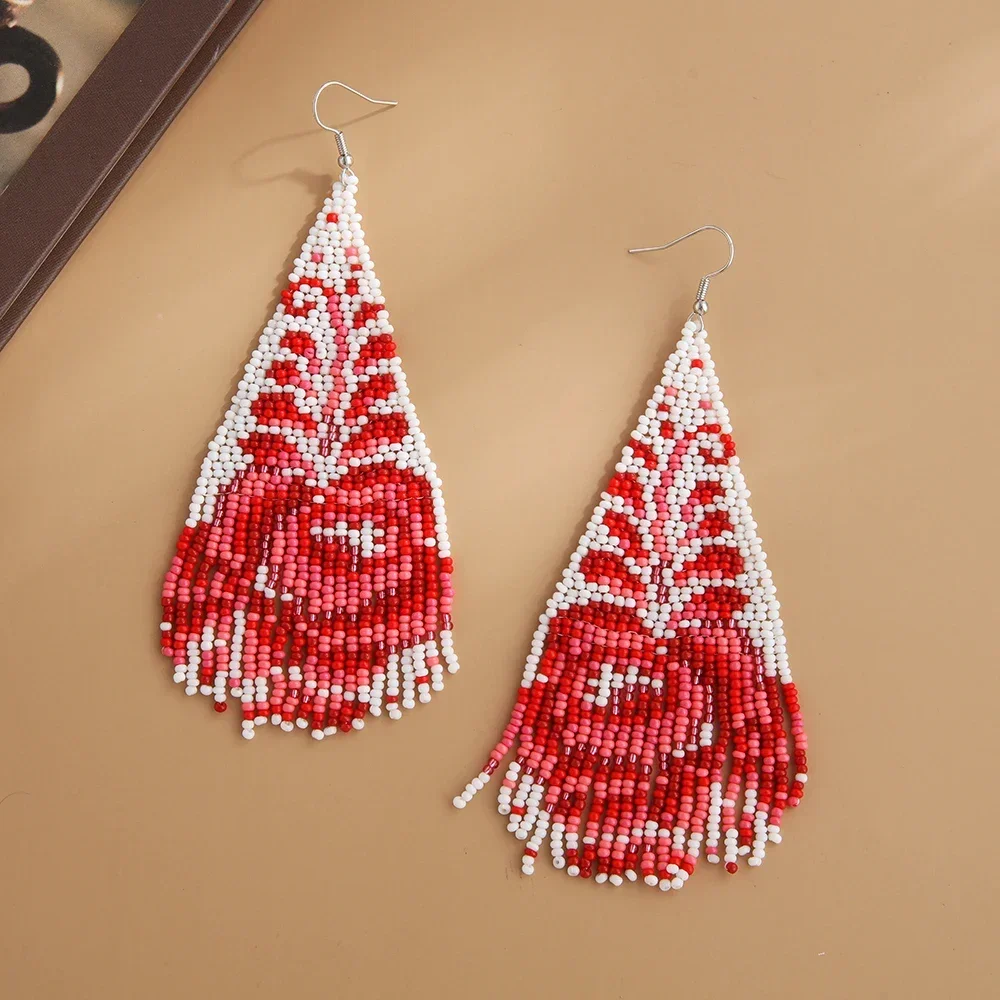 Beaded earrings Tassel Flowers Design Versatile Tide Simple Geometry Hand knitting Bohemia Alloy Female Rice bead earrings