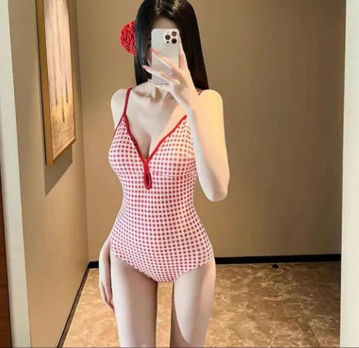 Frauen Sexy Einteilige Badebekleidung Stil Niedlich Kariert Open Back Badeanzug Süße Einfache Badeanzug Sommer Beachwear Badeanzug Kleid – Detail 15