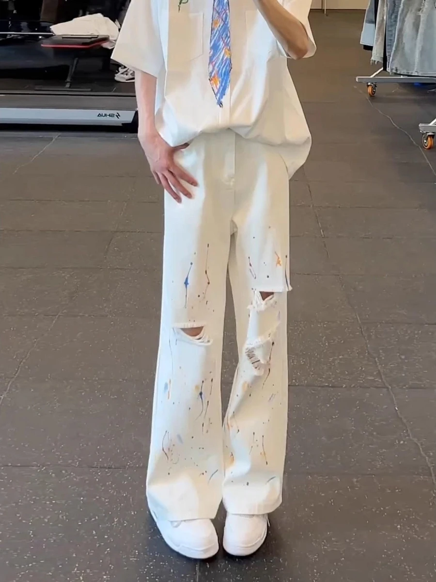 

American Sle Trendy Brand New White Ripped Jeans Men Summer Faion Japanese Straight Loose Personali Dyeing Long Pants