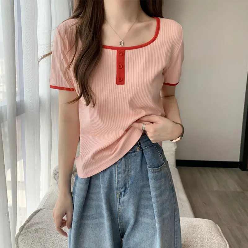 Women Summer Simplicity Elegant Slim Solid Color Square Collar Short Sleeve T-Shirt Women Clothes Casual All-match Trend Top Tee