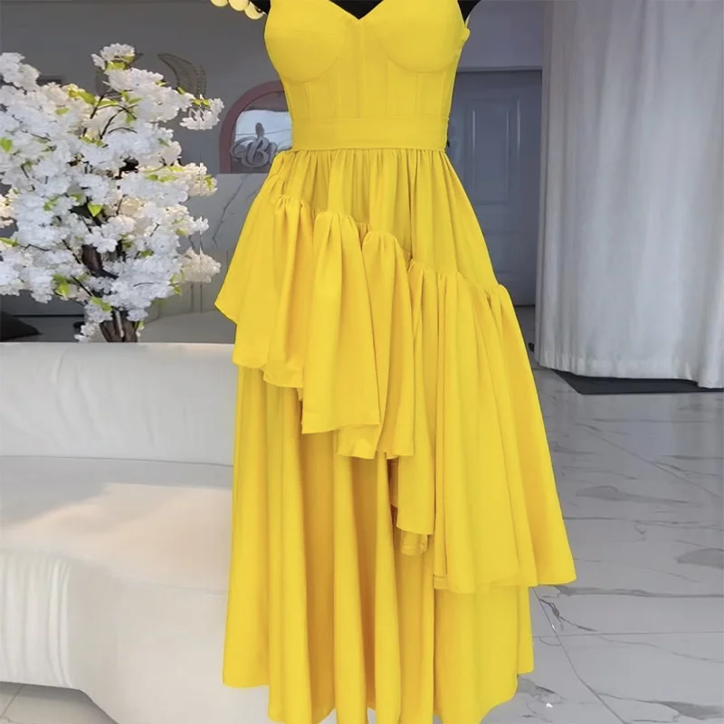 Gouden gegolfde V-hals flare geplooide mouwen maxi-jurk, A-lijn ruches lange feestjurk, couture voor dames, bruidsmeisjes avond