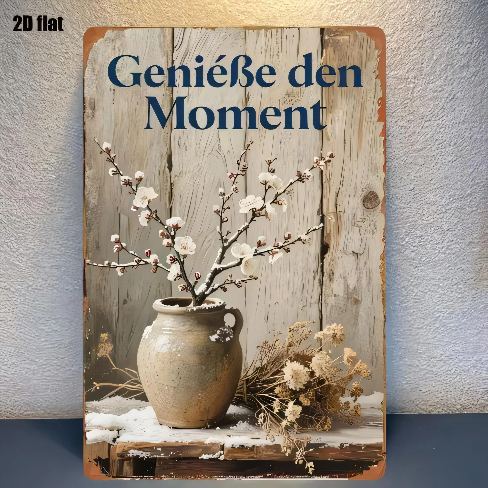 Plaque en métal vintage « Genieße den Moment » – Décoration murale florale pour la maison au printemps – Affiche rustique pour ferme ou chalet