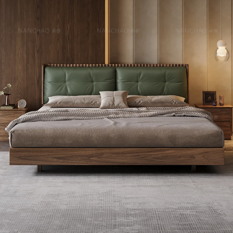 180x200cm Black Double Bed Frames Walnut Soft Package Wooden 2 People Twin Head-layer Leather Twin Queen Headboard Furniture