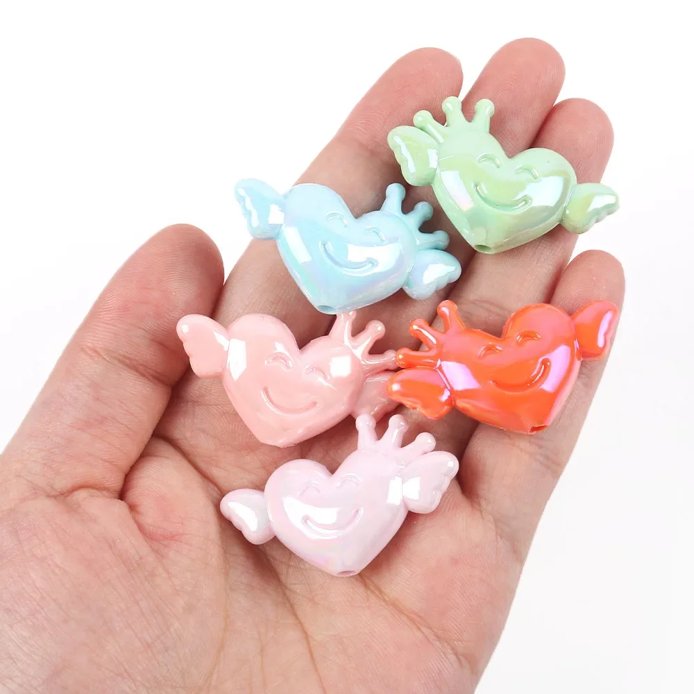 5Pcs  Acrylic Loose Spacer Beads Colorful Heart Crown Wings Acrylic Beads for DIY Pendant Necklace Bracelet Earrings Accessory