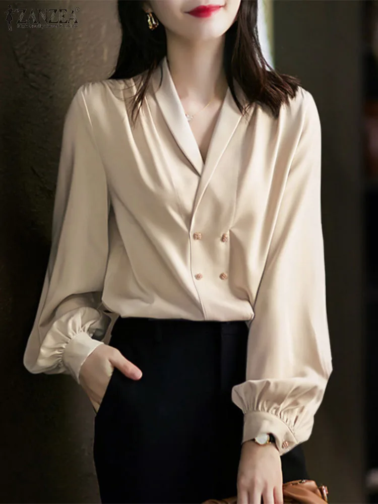 ZANZEA Women Satin Silk Blouse Sexy Elegant Solid V-Neck Shirt 2023 Autumn Long Lantern Sleeve Tops Fashion Office Buttons Blusa