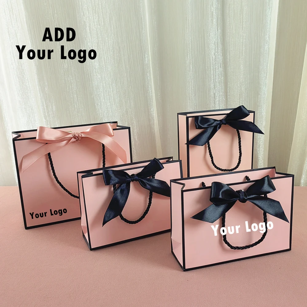 50/100pcs Custom Logo Gift Bag Boxes ,Paper Commodity Bags Large Size Gold Present Bag For Pajamas Clothes Packaging Eith Handle