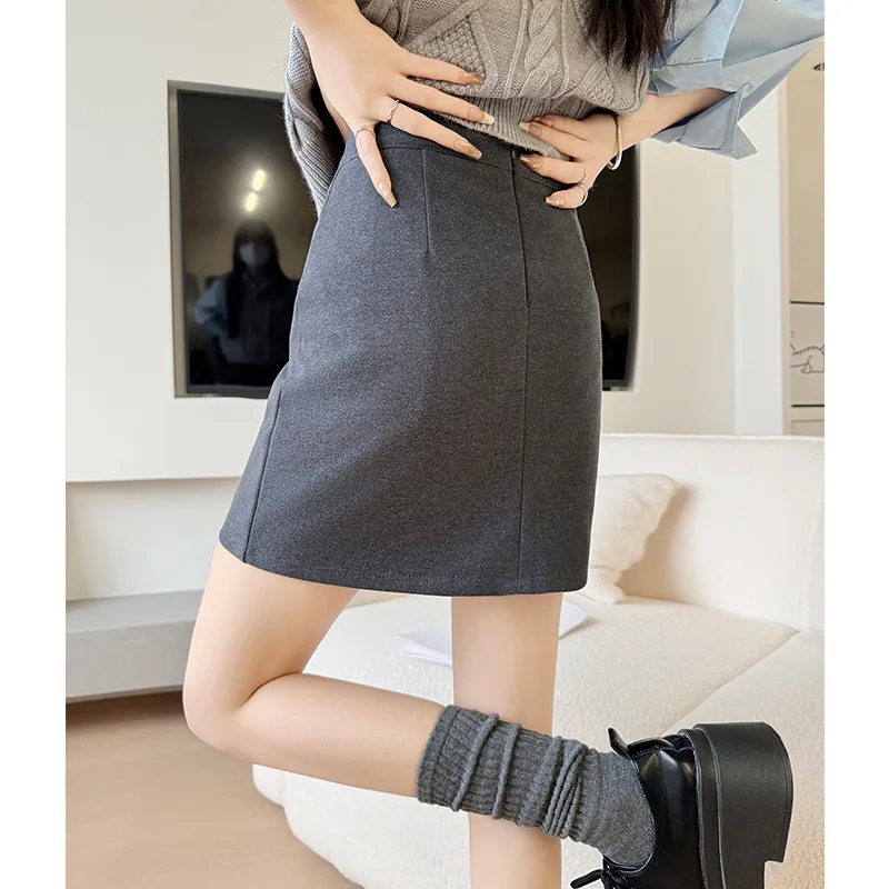 

Gray Woolen Bodycon Skirt for Women, New Spring and Autumn Twill StyleaHigh-waisted Slimming Short Skirt for Petite Hot Girls