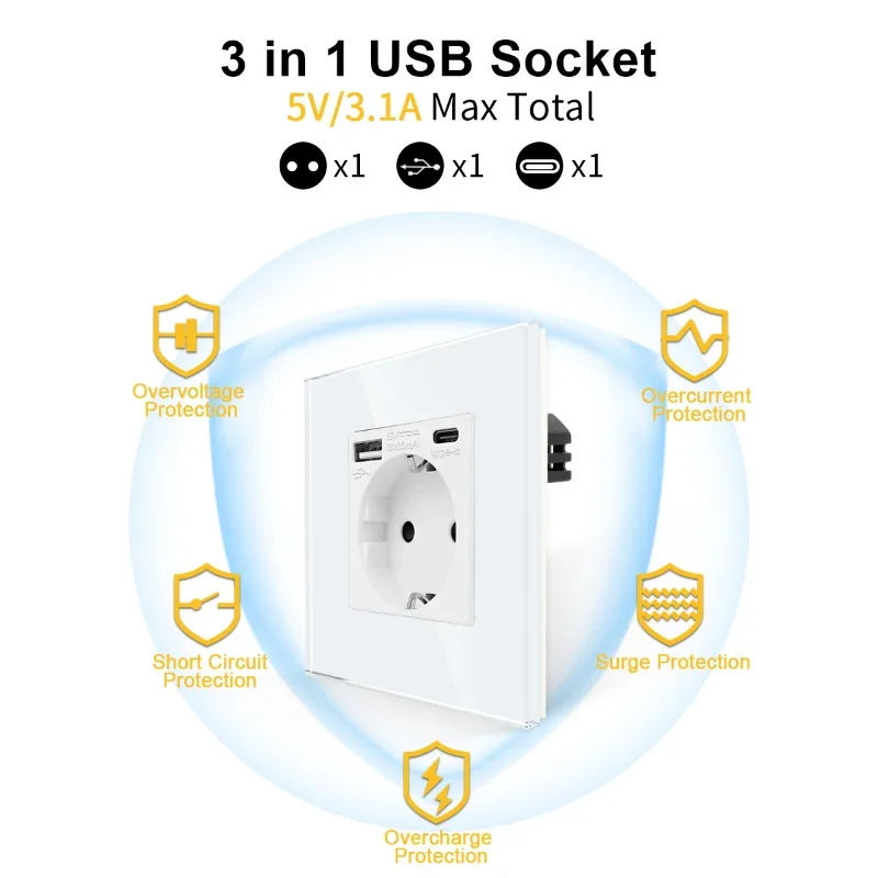 Tomadas de Parede Branca Bingoelec e Switchestv, RJ45, Internet e Tomada USB, Touch Switch com Painel de Vidro, Tomada WiFi, Interruptor Inteligente