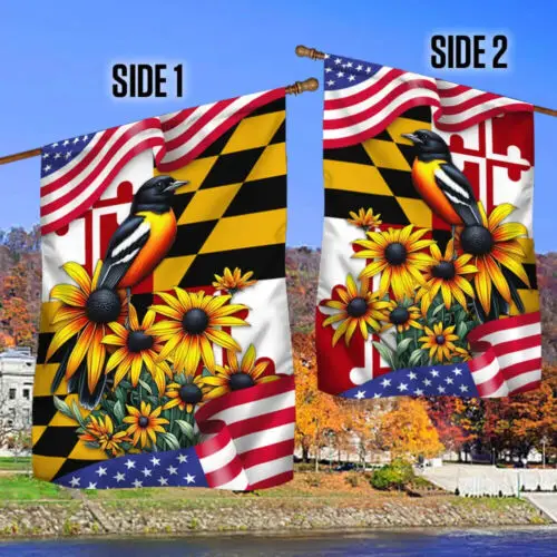 Maryland Spring Baltimore Oriole Bird and Black-eyed Susan Flower Garden Flag