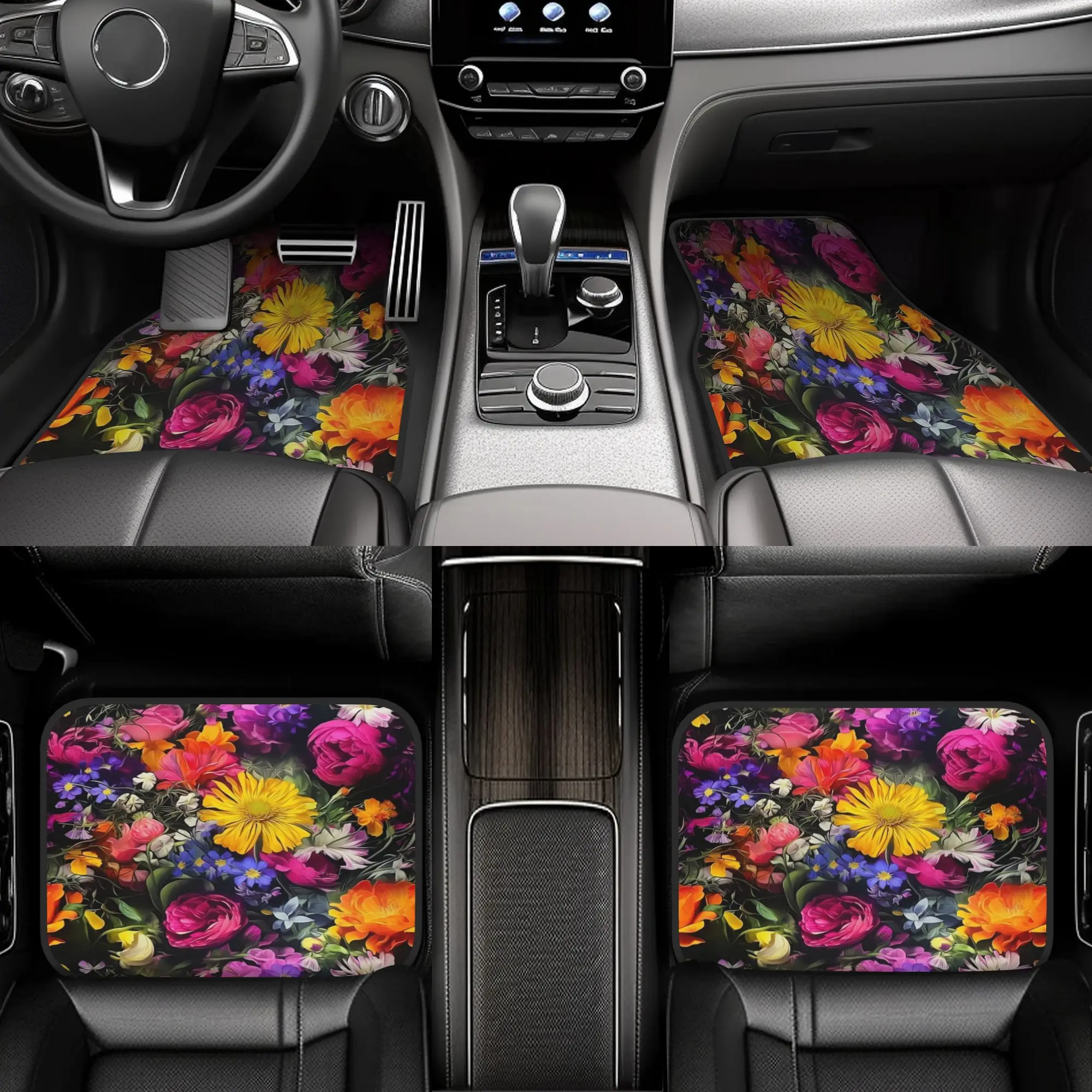 4pcs Multicolor Non-Slip Car Floor Mats With Heavy-Duty Floral Tulip & Daisy Pattern (Pink/Yellow/Blue/Purple) - Fit For Cars, S