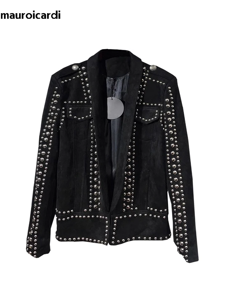 Mauroicardi Spring Autumn Cool Studded Short Black Faux Suede Leather Jacket Men Luxury Designer Emo Night Club Wear Clothes