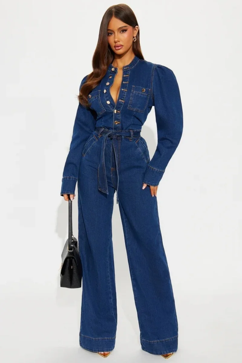 Fashion Denim Jumpsuits Autumn Clothing Women 2026 Long Sleeve O-Neck Flare Jeans Rompers Playsuits One Pieces Overalls Outfits