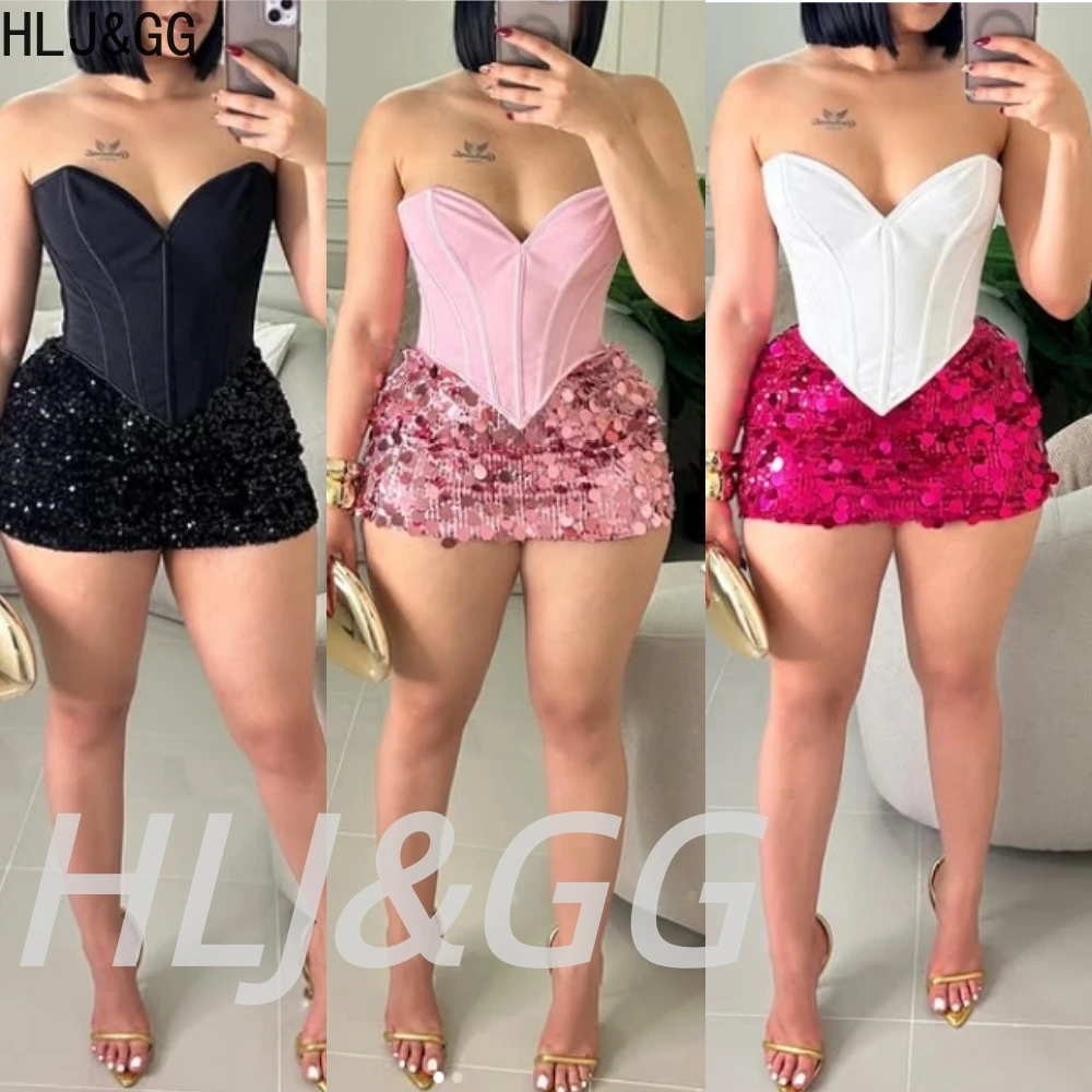 HLJ & GG-Chaleco con corsé y hombros descubiertos para mujer, conjunto de dos piezas, sin mangas, sin espalda, Top Irregular + minifaldas de lentejuelas