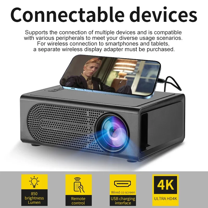 M200 Mini proyector portátil LED Teléfono con cable de cine en casa con soporte 1080p