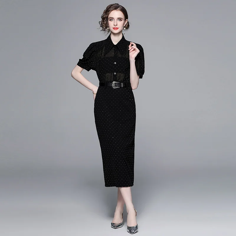 2023 Spring/Summer Luxury Black Long Dress Set High Waist Fashion Two Piece Skirt Women's Short Sleeve Half Skirt