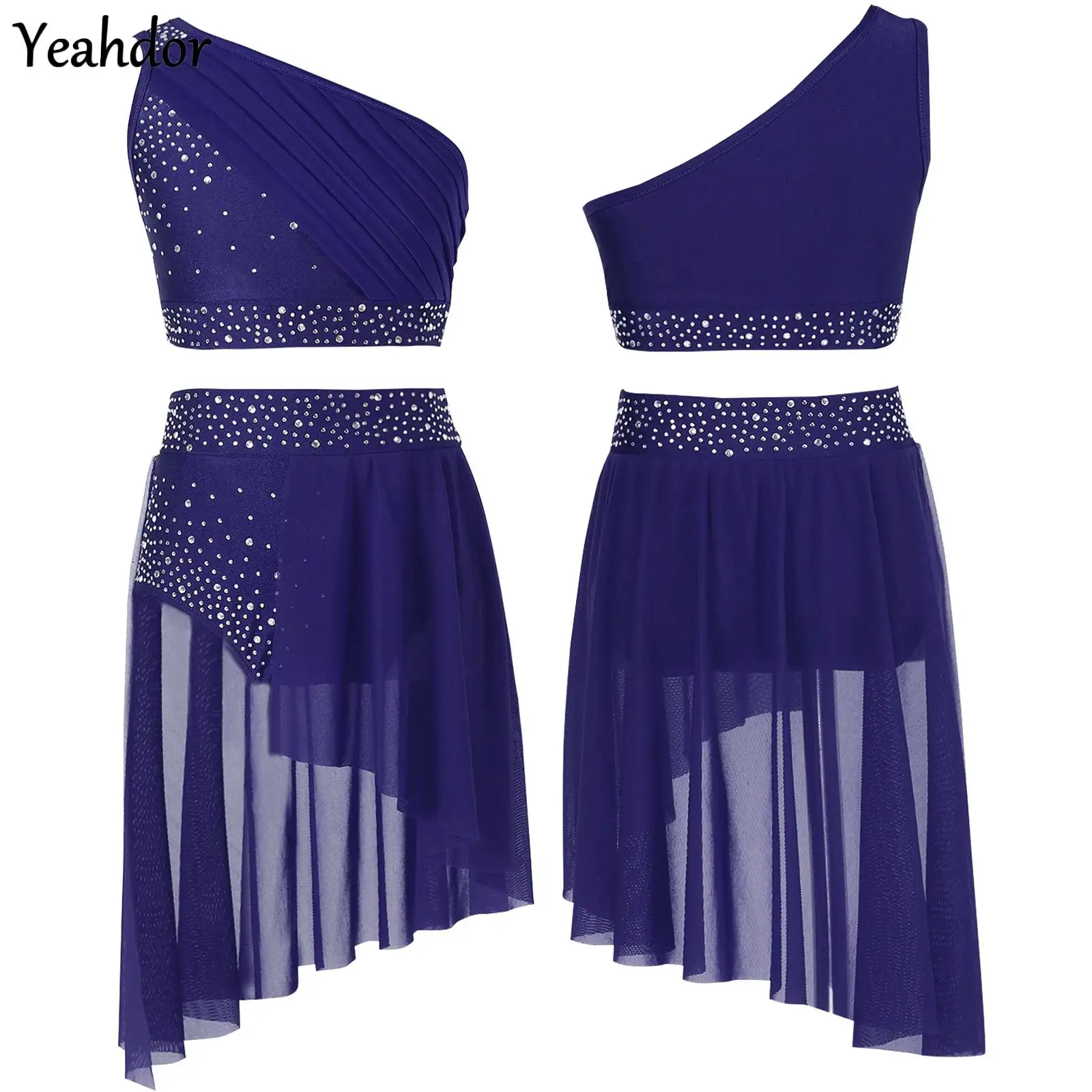 Mädchen Modern Lyrical Dance Outfit Strass Mesh One Shoulder Crop Top und Rock Gymnastic Skating Ballett Tanz Trikot Kleid