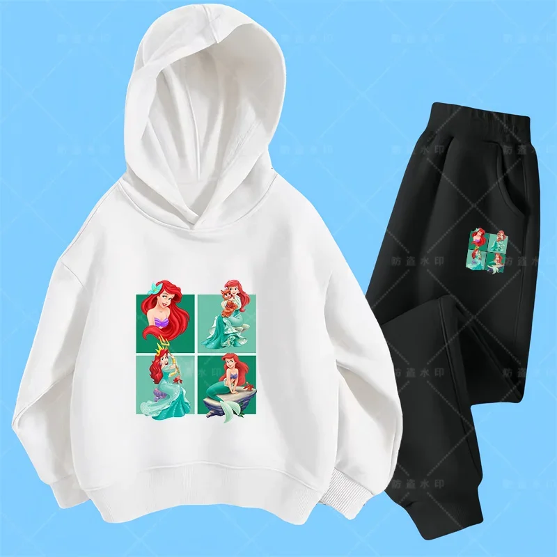 Disney The Little four grid Mermaid Hoodie Set Girls Cartoon 3-14 Years Old Kawaii Street Kids Sweatshirt Children\'s Trucksuit