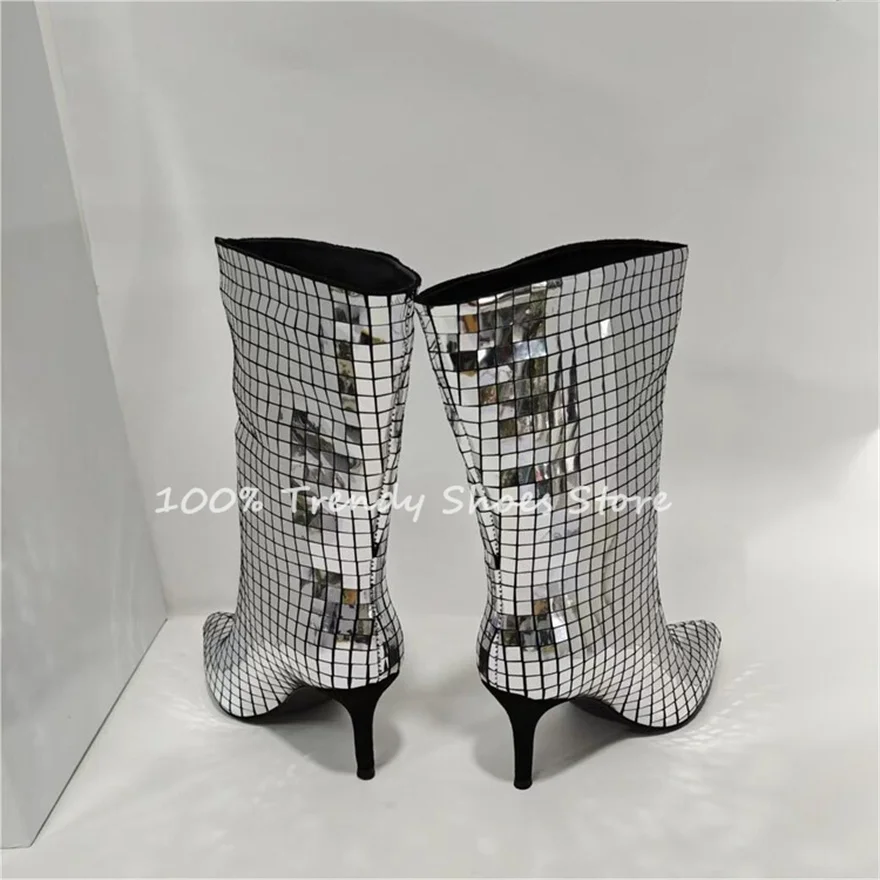

Bling Bling Silver Sequined Women Mid-Calf Boots Fashion Catwalk Pointed Toe High Heel Short Boots Ladies Party Dress Shoes