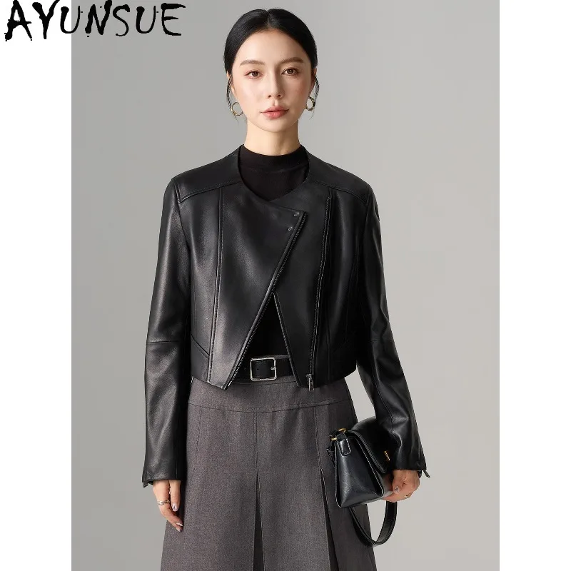AYUNSUE Real Leather Jacket Woman Fashion Short Motorcycle Jackets for Woman 2026 Sheepskin Commute Outerwear Woman Clothes 가죽자켓