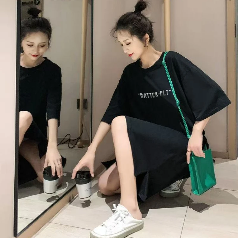 เกาหลีสไตล์หลวมขี้เกียจแฟชั่นความยาวกลางแขนสั้นเสื้อยืดชุดยาวผู้หญิงสบายๆสบายแยกชุดฤดูร้อน