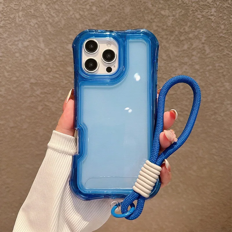 

3 в 1 Четырехугольный прозрачный чехол с подушкой безопасности для Iphone 17 16 15 14 13 12 Pro Max 16e Plus Противоударный защитный чехол для ручного ремешка