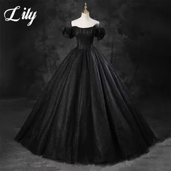 Lily Black Shiny A-Line Sexy Prom Dresses Sequin Pleats Celebrity Dresses Off Shoulder Evening Dress Formal Gown Custom 프롬 드레스