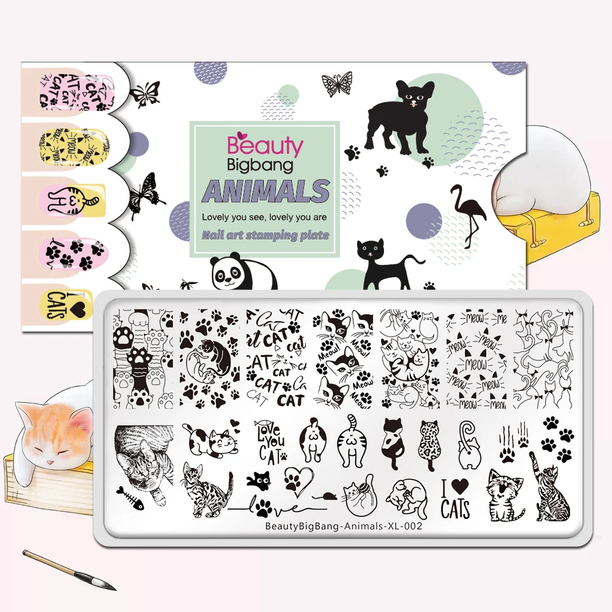 BeautyBigBang – plaques d'estampage d'ongles, animaux mignons chat 2022, pochoir moule, modèles d'art d'ongle en acier inoxydable, 6x12cm, XL-002