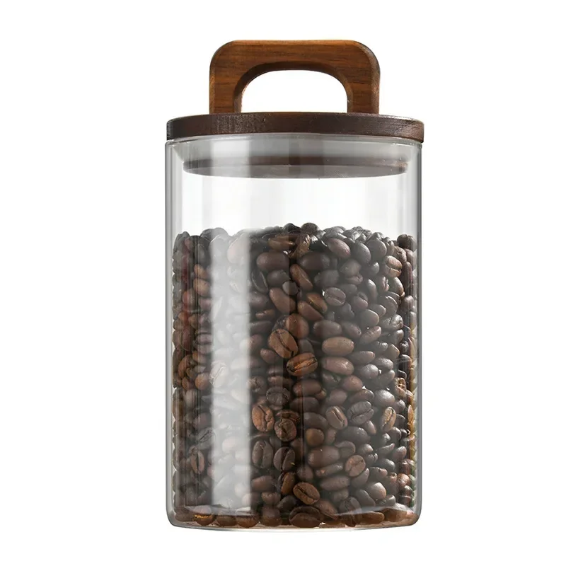 700-2100ml Wood Lid Glass Jar 1pc Airtight Canister Food Container Coffee Beans Kitchen Storage Bottles Sealed Grounds Large Set