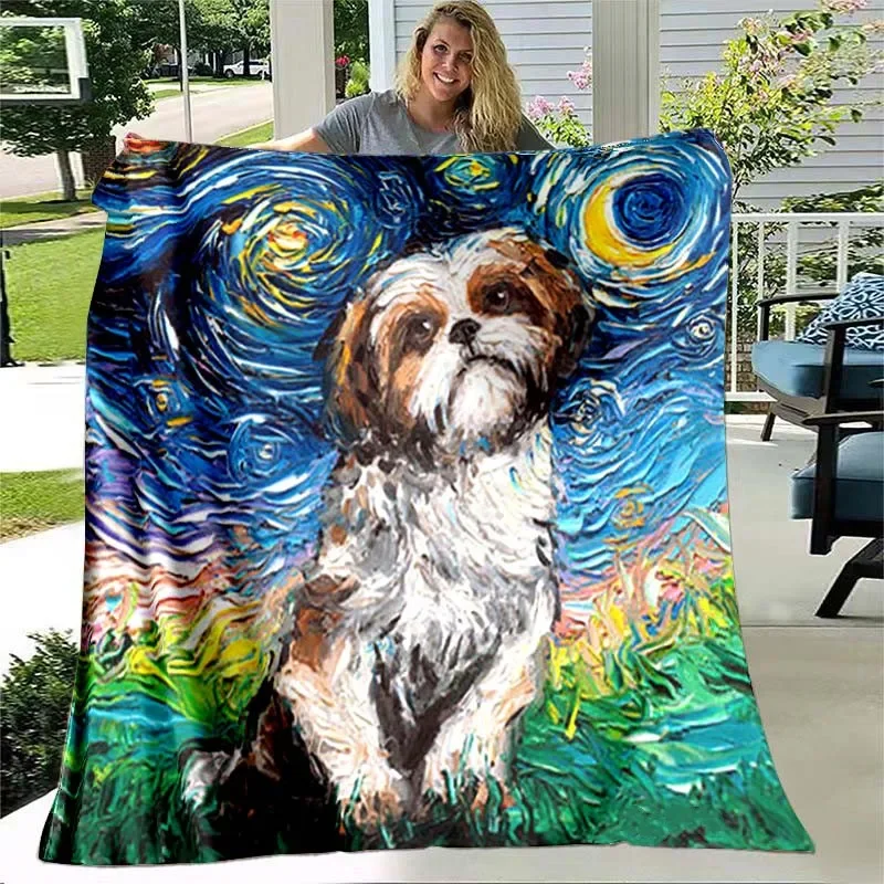 

Dog Animal oil painting Art Starry Sky theme flannel throw Blanket Lightweight Comfortable Soft Warm home sofa decor kids gifts