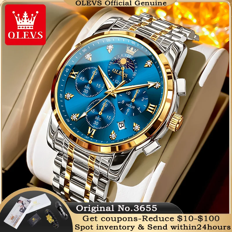 

OLEVS 3655 Moonphase Мужские часы Водонепроницаемые светящиеся автоматические часы с датой 7-контактный дизайн Часы с хронокодом Модные роскошные кварцевые часы