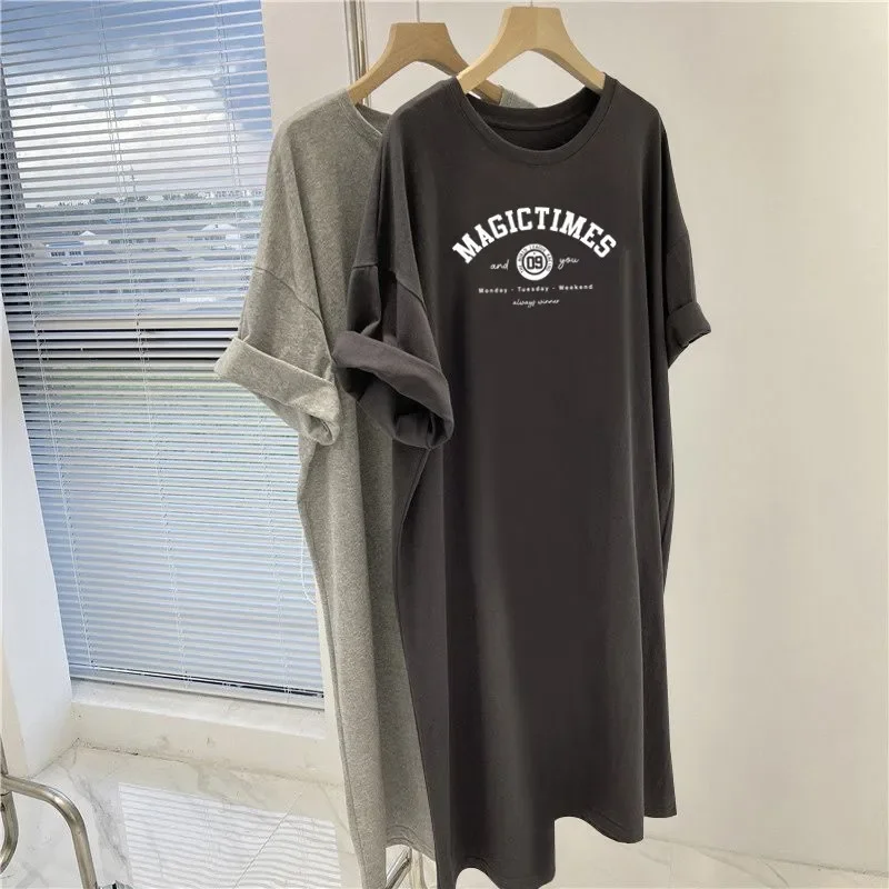 Women Chic Vintage Loose Tunic Summer Casual Loose Short Sleeve Casual Loose Dresses O-neck Pullover Letter Printed Dress