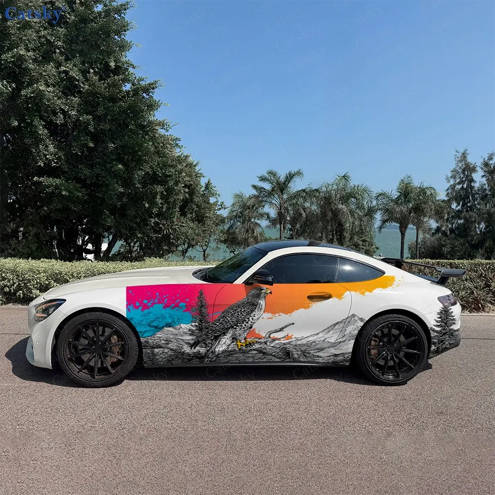 2pcs Raptor Mountain Forest Car Side Wraps, Self-Adhesive PVC Waterproof & Scratch-Resistant Stickers, Car Accessory Gift