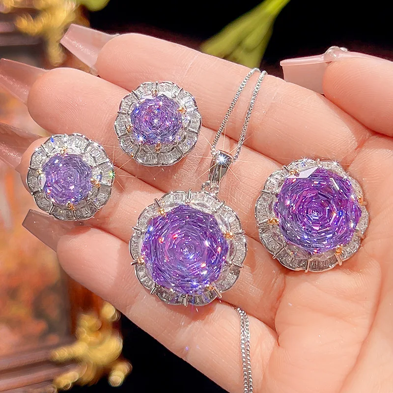 

Purple Flower Shaped CZ High Quality Jewelry Necklace Adjustable Ring Earring with Rhinestone Accents Elegant Wedding Party Gift