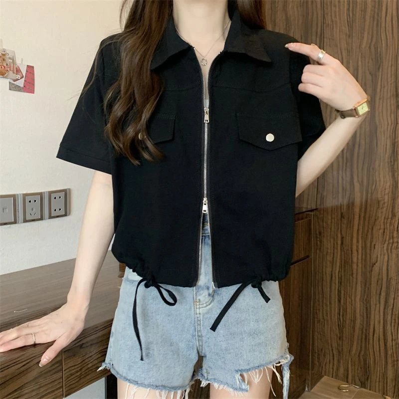 Sweet Zipper Women Shirt Korean New Lace Up Pockets Short Sleeve Female Crop Shirt Summer Fashion Preppy All Match Ladies Blouse