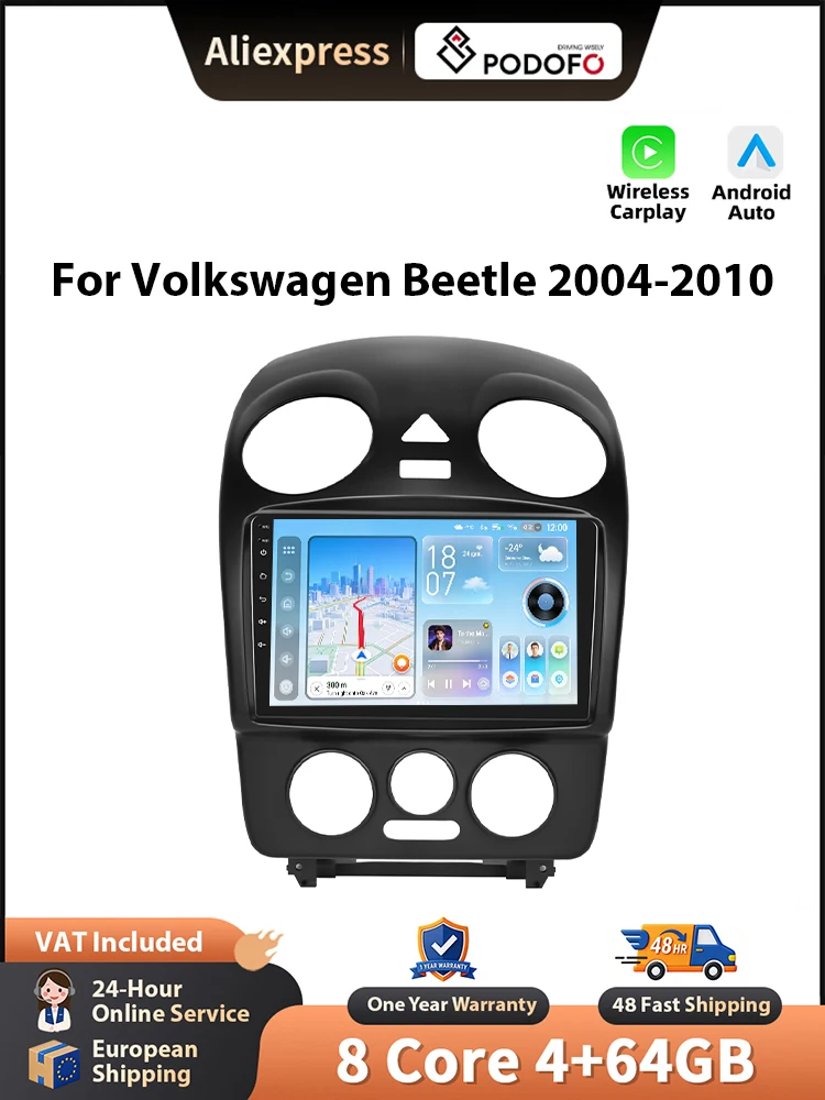 Podofo 9'' Autoradio für Volkswagen Beetle 2004-2010 Android CarPlay GPS-Navigation Head Unit WIFI FM/RDS Autoradio EQ BT